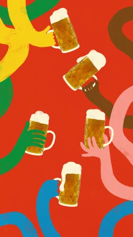 Bar party. Colorful hands holding beer mugs on red background. Concept of diversity, beer festival, joy, socializing, and trendy commercial