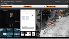 High-tech mainframe interface displaying agent profiles, confidential documents, and interactive maps in a secure layout. Perfect for cybersecurity, threat monitoring, and classified data management. - Powered by Shutterstock - Get 15% off with code: PIKWIZARD15