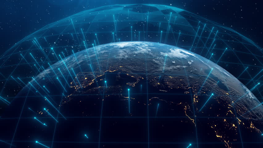 Global Connection Lines. Network Data Transfer Over Earth. Futuristic AI Technology, 5G, Satellite Communication, Internet Connectivity, Big Data, Digital World Background Animation. Crypto Exchange