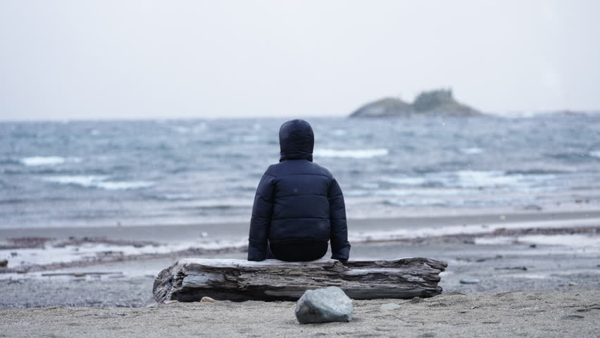 Person sitting alone by remote cold lakeshore, Reflecting in solitude, Patagonia, Argentina