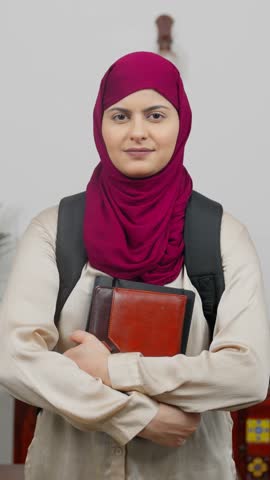 Vertical Video of Happy Muslim Woman Student in Hijab Scarf