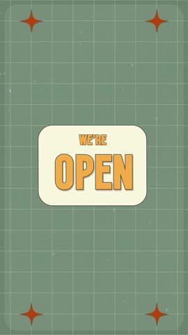 We are open animated 3D extruded text vintage style in a green background.