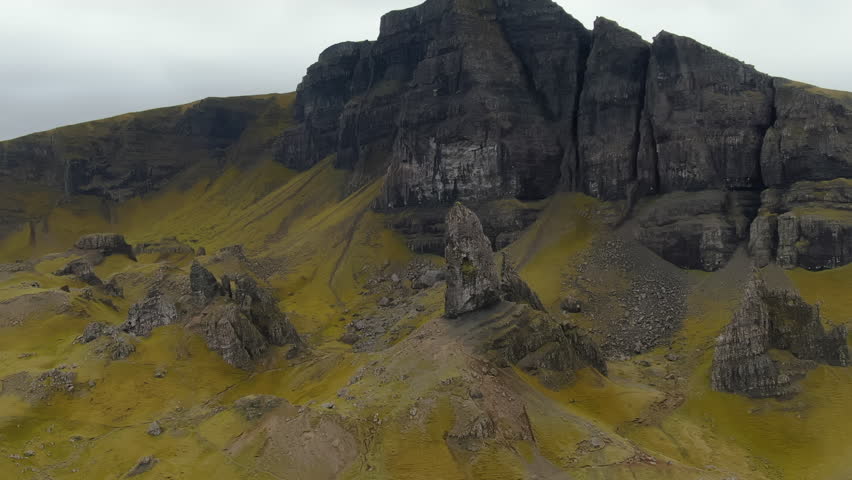Breathtaking aerial perspective of the Old Man of Storr, a geological marvel on the Isle of Skye, Scotland
