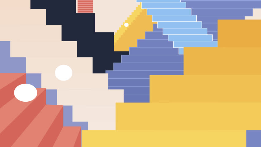 Colorful abstract staircase composition 2D animation concept. Optical illusion. White balls dynamically jumping down surreal maze endless stairs animated cartoon flat metaphor creative 4K video