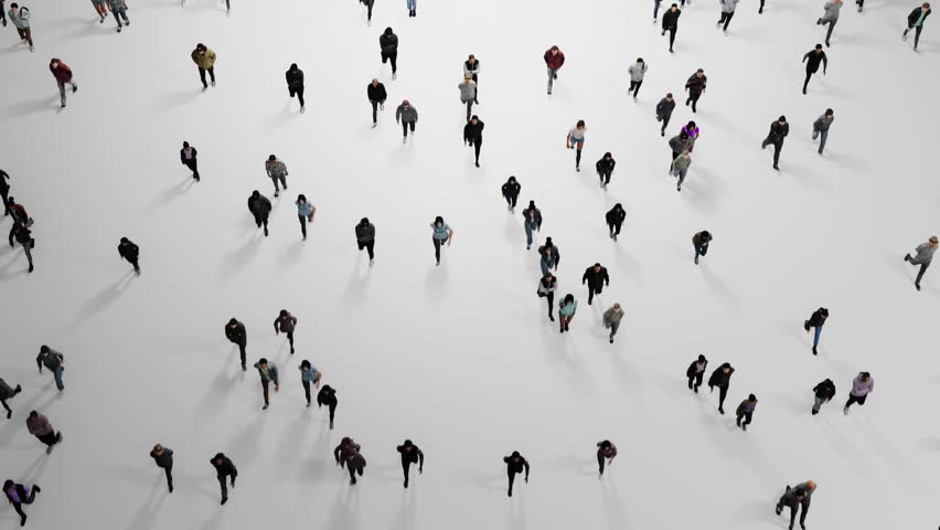 Diverse group of people walking in various directions, casting long shadows on a bright white surface. 3d render