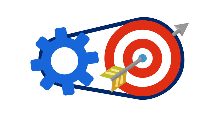 Business target achievement gears logo in cartoon animation. Strategic goal hitting mechanism icon. Precision performance and efficiency work symbol. Digital marketing strategy sign. Alpha channel.
