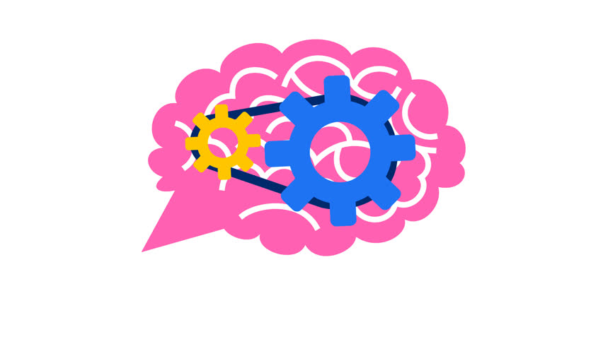 Brainstorming gears thought bubble logo in cartoon animation. Strategic thinking process icon. Idea mechanism and mental synergy symbol. Problem solving mind. Alpha channel. Seamless looping.