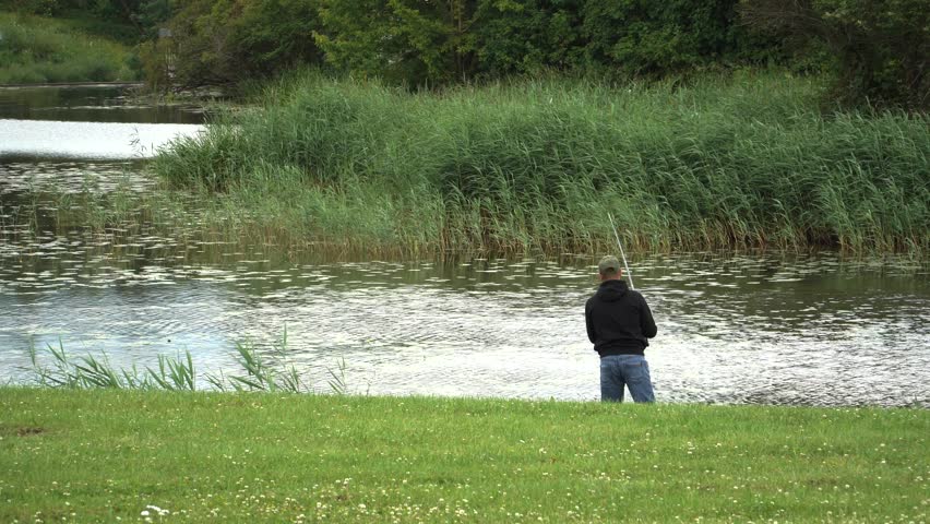 A solitary angler stands at the edge of a calm river, casting into rippling water framed by tall reeds and lush greenery under soft summer light.