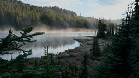 Aerial view of calm alpine lake surrounded by misty forest at dawn. - Powered by Shutterstock - Get 15% off with code: PIKWIZARD15