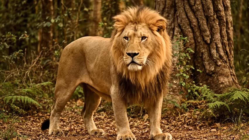 Majestic lion roaring loud in forest, wild and powerful scene
