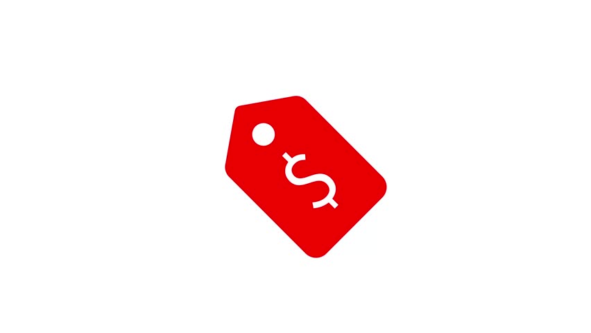 Red price tag animation with dollar symbol on white background in 4K