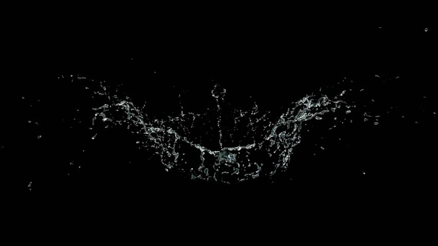Slow-motion footage of a dramatic explosion of water on a vibrant black screen background. The water erupts forcefully in all directions, high-energy splashes and droplets, Waterfall black Screen	4K