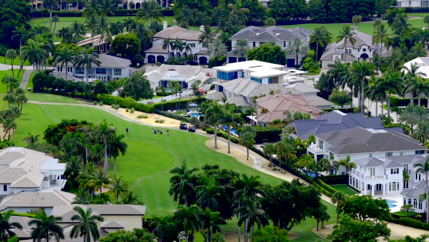 Aerial tour luxury homes Boca Raton Florida USA shot with 7x telephoto lens