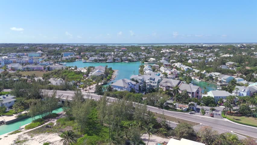 Aerial view of waterfront houses, New Providence, Bahamas.