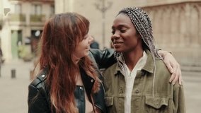 Happy millennial women laughung outdoors. Friendship and travel concept. friends, gay or lesbian enjoy the time together - Powered by Shutterstock - Get 15% off with code: PIKWIZARD15