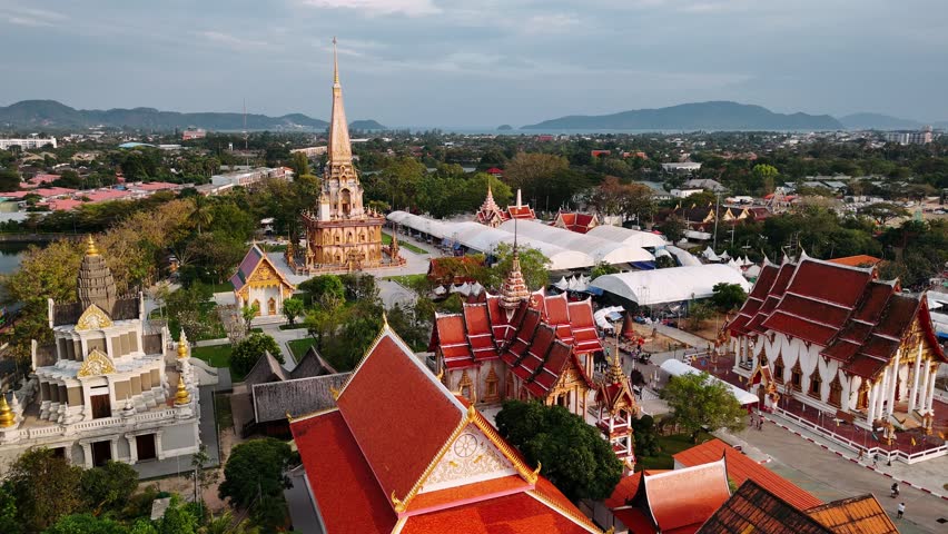 Aerial view of wat chalong, a buddhist temple complex nestled amidst the scenic landscape of Phuket, Thailand. Travel concept.