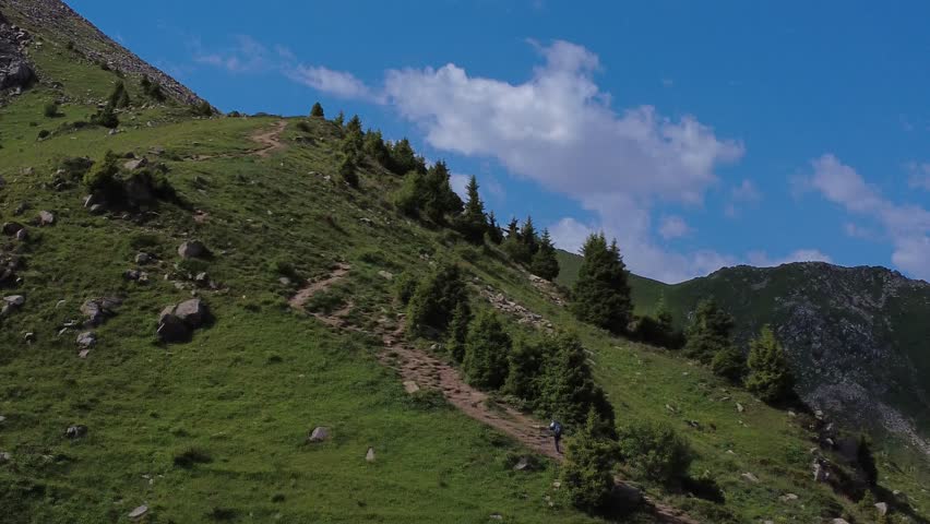 Cinematic drone orbit around a mountain ridge with parallax effect. Summer scenery with hikers ascending the trail, green trees, and rocky peaks. Perfect for travel, trekking, and nature themes.