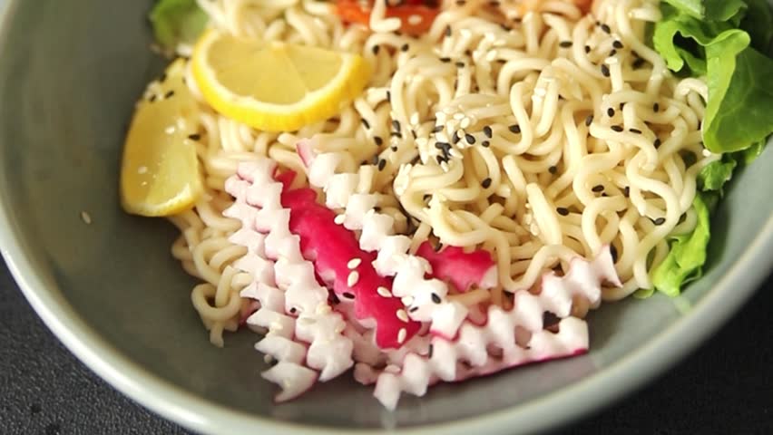 Budha boul noodle fresh gourmet food background on the table rustic food top view copy space vegan and vegetarian food