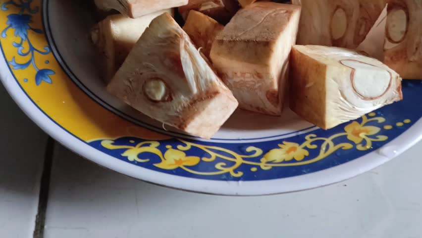 a plate of young jackfruit vegetables, an Indonesian dish made from young jackfruit (also called gori or tewel) cooked in coconut milk and various spices.