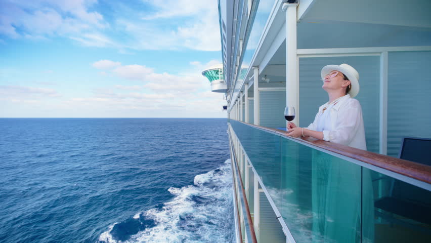 A serene and peaceful moment on a cruise ship balcony gives a breathtaking view of the endless ocean. The traveler delights in a refreshing drink while admiring the spectacular vastness of the sea