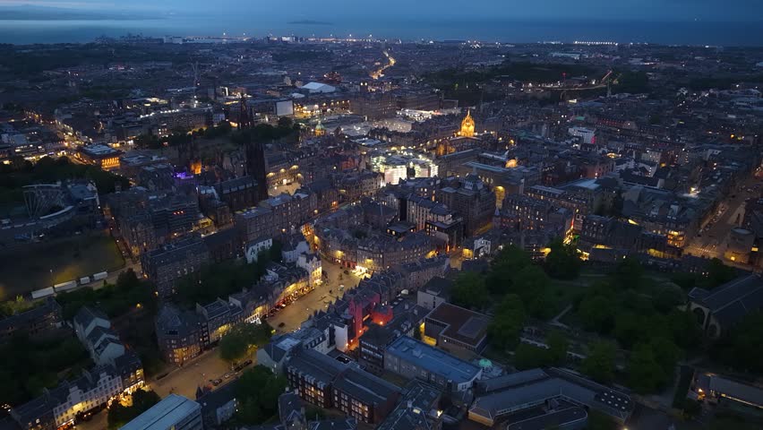Aerial view of Edinburgh city center at night, Scotland, United Kingdom