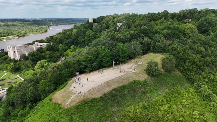 Aerial shot of Hill of Three Crosses in Kazimierz Dolny, Poland