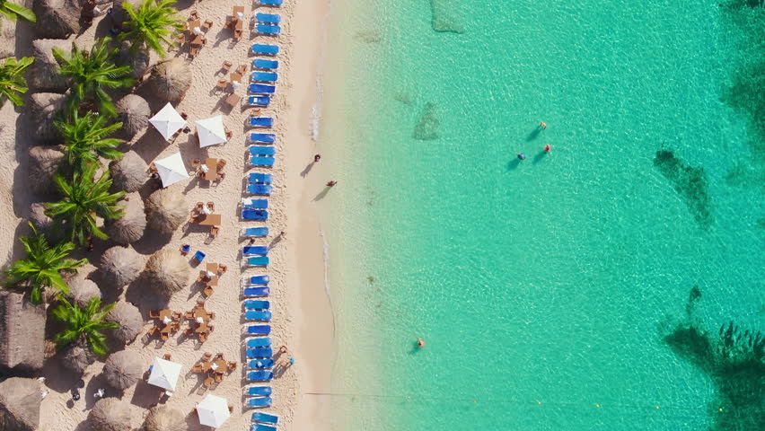 Experience the breathtaking aerial views of a truly stunning beach located in Cozumel, Mexico. This beautiful destination features crystal clear waters, cozy lounge chairs, and swaying palm trees