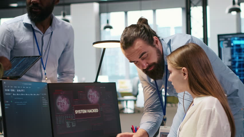 Young inexperienced developer in office requests help from team to fix hacking attempt on corporate network. Intern assisted by colleagues to investigate unauthorized access alerts, camera A