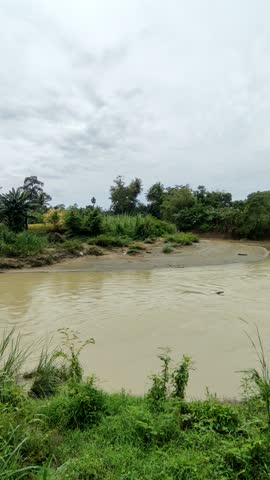 view of a large river with brown water among green trees