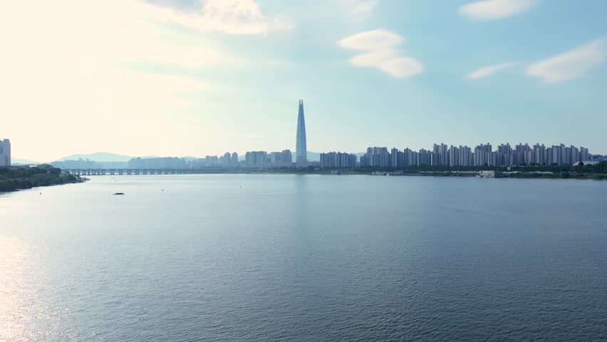 Aerial view Hangang River  Cheongdam Bridge  Gwangjingu, Seoul, Republic of Korea