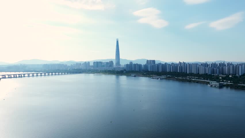 Aerial view Hangang River  Cheongdam Bridge  Gwangjingu, Seoul, Republic of Korea