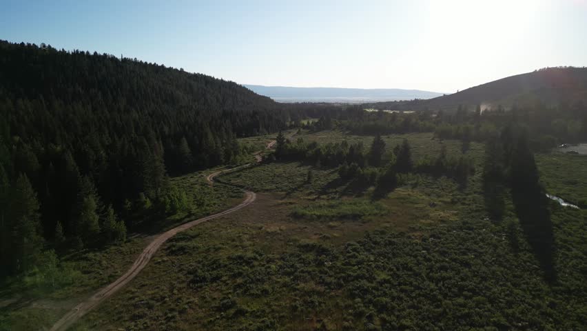 Low aerial over Teton Canyon in Alta Wyoming in summertime with dirt road through meadow