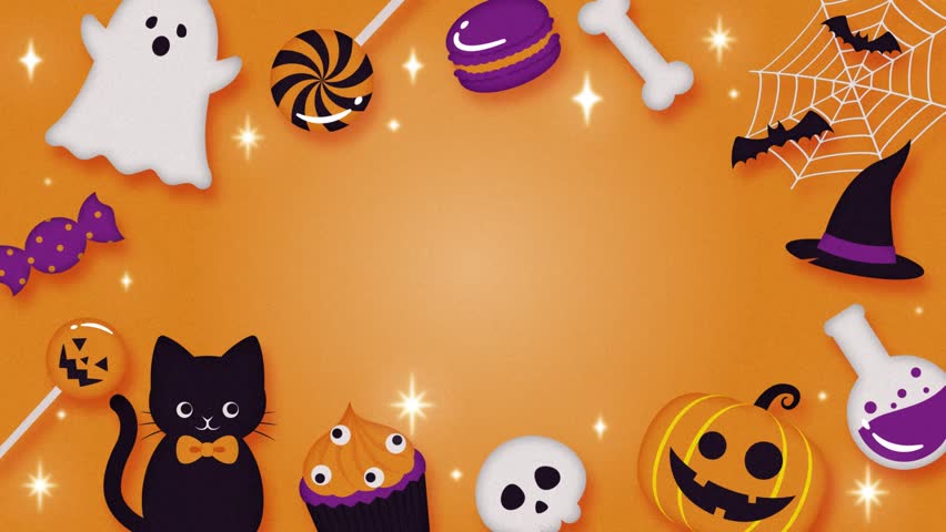 cute halloween background with pumpkin, black cat, candy, skull, spider, bone, ghost and stars animation