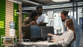 Welcoming team assisting intern developing artificial intelligence models for business analytics. Friendly coworkers helping junior dev running simulations for AI driven forecasting, camera A - Powered by Shutterstock - Get 15% off with code: PIKWIZARD15