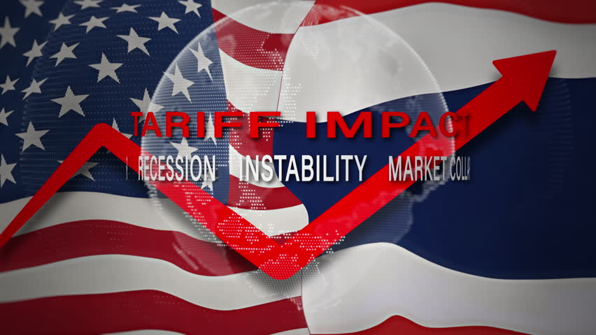 Conceptual showing the economic impact of tariffs with rising inflation, fear, and market collapse on US and Thai trade relations. Effects on international exports and imports