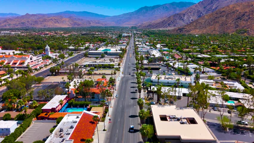 Palm Springs aerial view with mountains and city streets