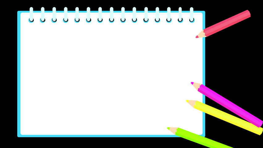 Colored pencil and blue sketchbook frame video on transparent background with alpha channel