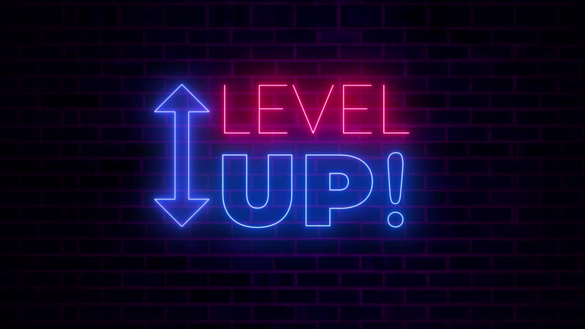 Level Up Neon Sign Animation with Arrow Icon Perfect for Gaming Highlights or Achievements