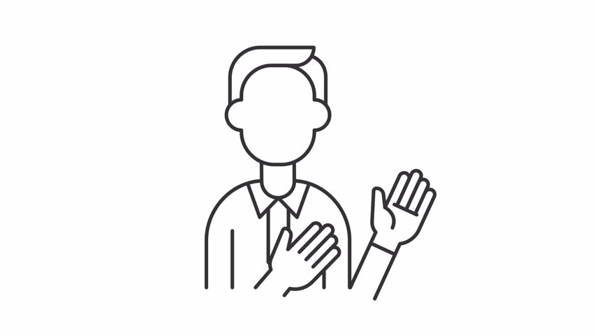 Attorney oath line animation. Testimony animated icon. Moving head, shaking hands. Justice system. Honest person, trust. Outline element on white background. HD video with alpha channel