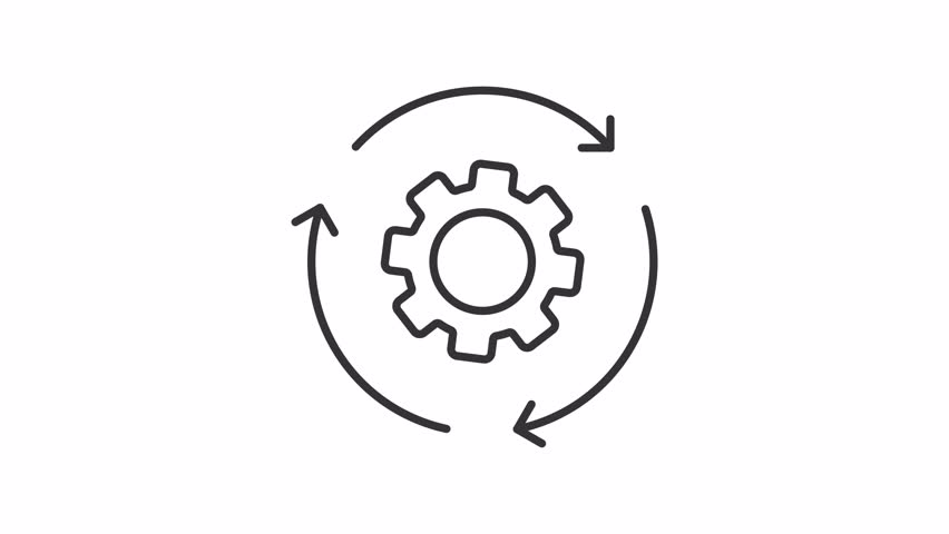 Process automation line animation. Workflow organization animated icon. Spinning arrows, rotating gear. Production system. Outline element on white background. HD video with alpha channel