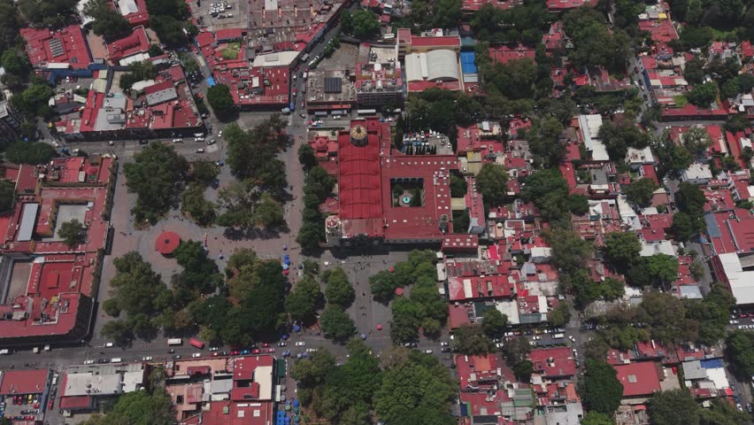 Drone footage ascending above downtown Coyoacan in Mexico City