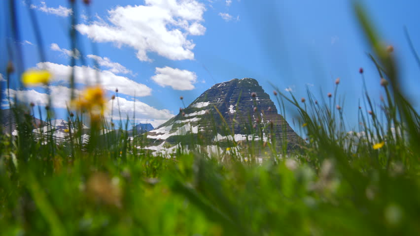 Glacier National Park in Montana features stunning landscapes of green grass and towering mountains, creating a serene atmosphere ideal for exploration and enjoying its natural wonders