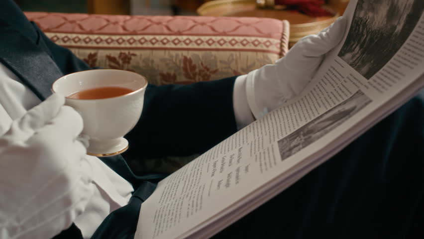 Composed aristocrat in formal attire enjoying tea from expensive white china cup while reading newspaper, surrounded by elegant vintage decor in serene, classic setting