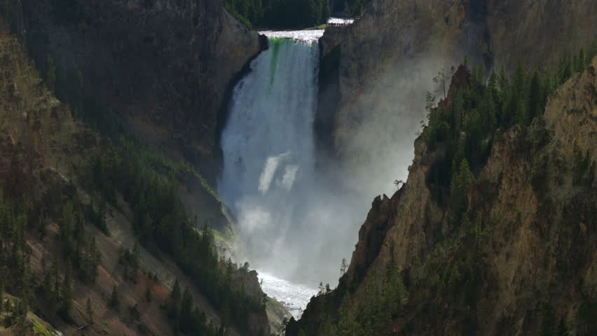 Witness the breathtaking view of the Lower Falls in the Grand Canyon of Yellowstone, surrounded by vibrant greenery and rock formations within Yellowstone National Park in Wyoming