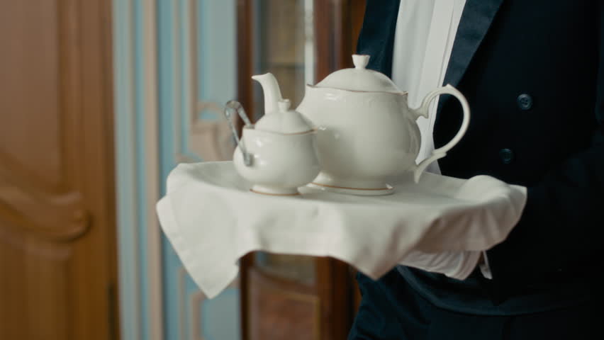 Gloved servant delicately serving tea for young aristocratic lady immersed in her magazine, surrounded by elegance and refinement during afternoon tea