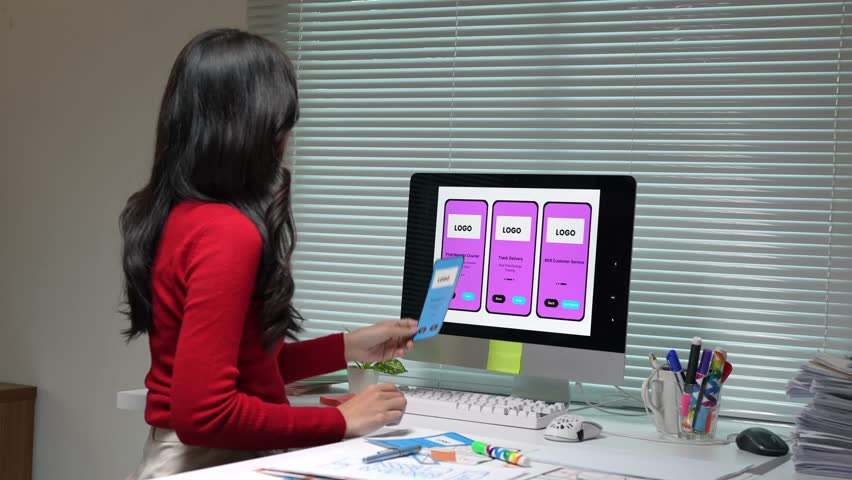 Female professional programmer designing mobile application interface, focusing on user experience and visual elements while working on computer in modern workspace
