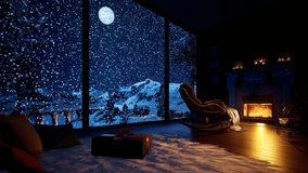 Christmas Eve by the fireplace with a view of the mountain landscape with snowfall outside the window. 3D animation for the holiday of Christmas and New Year. - Powered by Shutterstock - Get 15% off with code: PIKWIZARD15