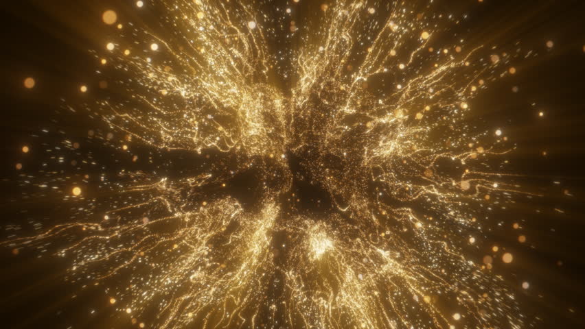 4K Golden Glitter Particle Explosion Abstract Light Burst Background Animation Video. Gold particles isolated on black. Trend effect for motion design, overlays, intros, or festive visuals.