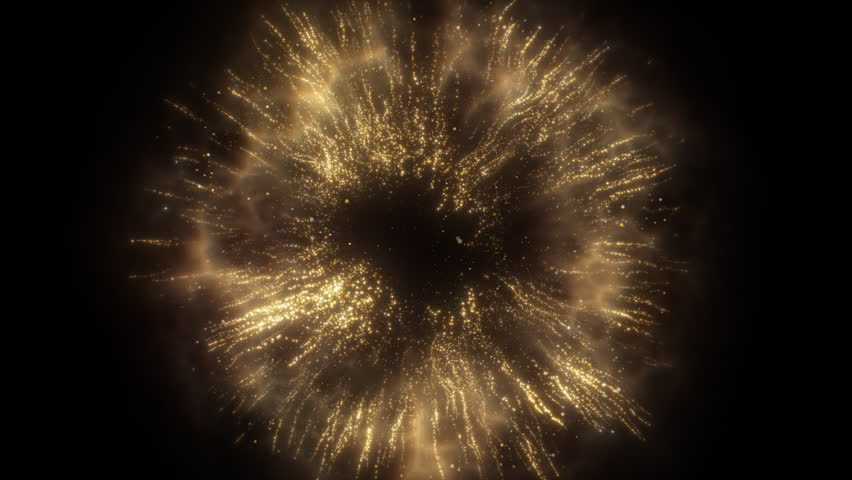 4K Golden Glitter Particle Explosion Abstract Light Burst Background Animation Video. Gold particles isolated on black. Trend effect for motion design, overlays, intros, or festive visuals.