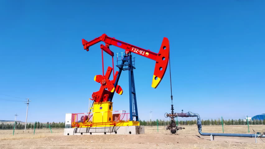 Industrial oil drilling derricks at desert oilfield. oil rigs pump energy machine for petroleum in the middle of the desert on the blue sky background. . Gas. Onshore production, industry, business.
